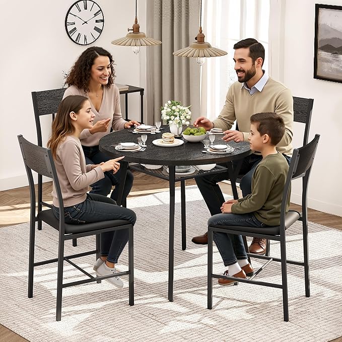 Pamapic Round Dining Table Set for 4, Kitchen Table and Chairs for 4, Dining Room Circle Dinner Pedestal Table, Solid Metal Frame, Space Saving Wood Small Kitchen & Dining Room Furniture, Gray