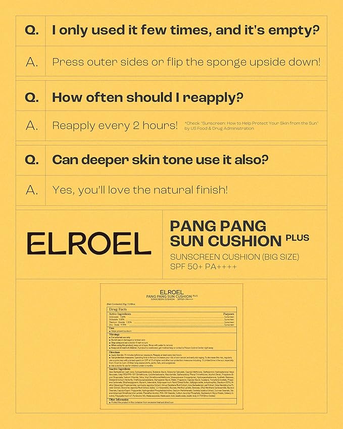 ELROEL Pang Pang Big Sun Cushion Plus - Broad Spectrum SPF50+ PA++++ Korean Sunscreen Cushion for Face & Body - Hypoallergenic & Lightweight Sun Cream, No White Cast (0.88 oz)