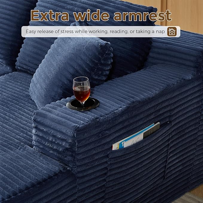 133" Oversized Cloud Boneless Sofa Couch with Chaise, Modern Corduroy U Shaped Modular Sectional Sofa with Deep Seat, Comfy Couch with Cupholders and Storage, No Assembly Required-Blue