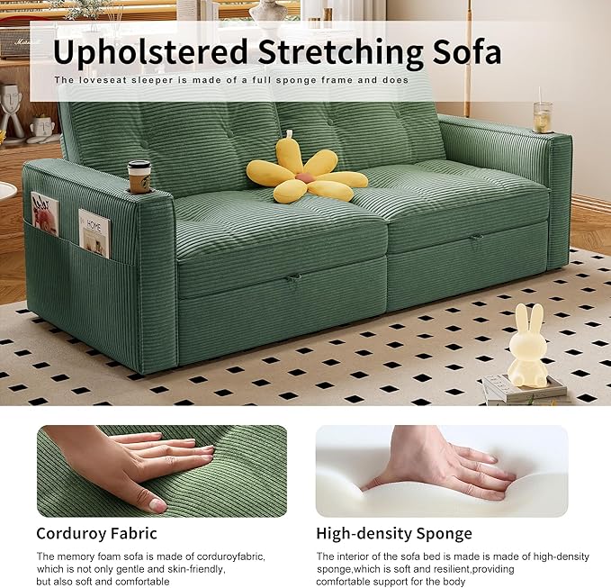 healthomse 73.2" Convertible Sofa Bed, 2-in-1 Multi-Functional Loveseat Sleeper, Modern Corduroy Couch with Side Pocket, for Living Rooms, Bedrooms, Apartments, Small Spaces (Green, 73.2inch)