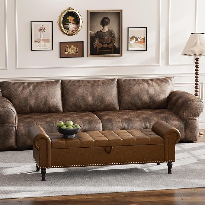 Apicizon 60” Bench with Storage, Upholstered Tufted Button Bedroom Bench with Storage, Faux Leather Ottoman Bench for Bedroom, Living Room, Entryway, Yellow Brown