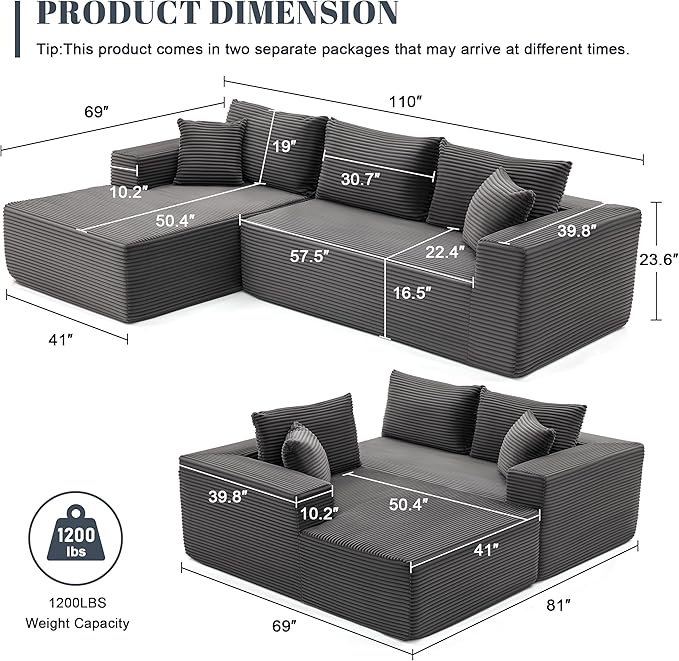 MANGODAN 110” Cloud Sectional Couch, Boneless Sofa for Living Room, Modular Sectional Sofa with Deep Seat, Comfy Fluffy Couch with L-Shaped Chaise, No Assembly Required (Left-Facing Chaise, Dark Grey)