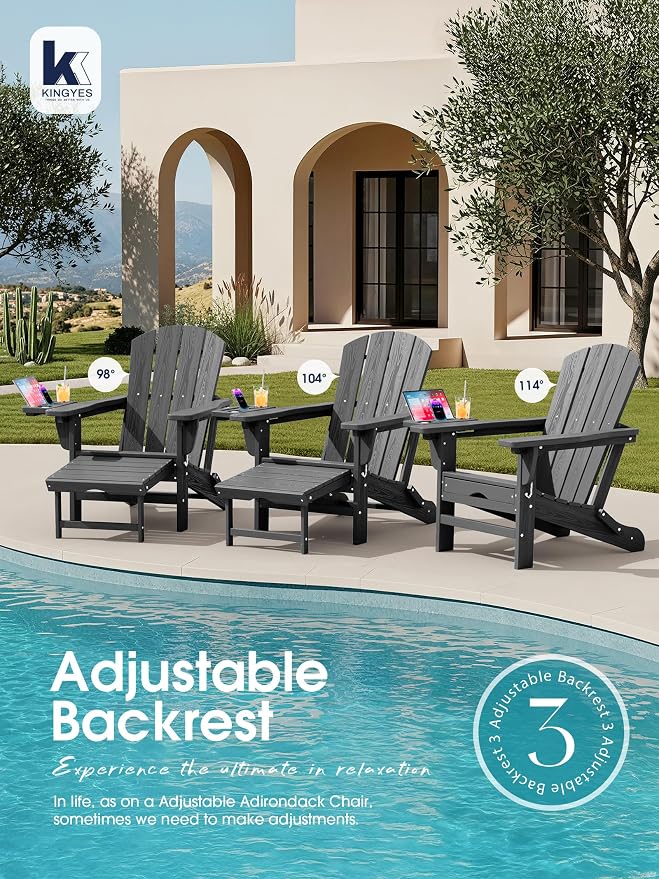 KINGYES Adjustable Folding Adirondack Chair with Footrest & 4-in-1 Multi-Functional Armrest Organizer Set of 4, HDPE Foldable Recliner Adirondack Chair with Pull-Out Ottoman, Grey