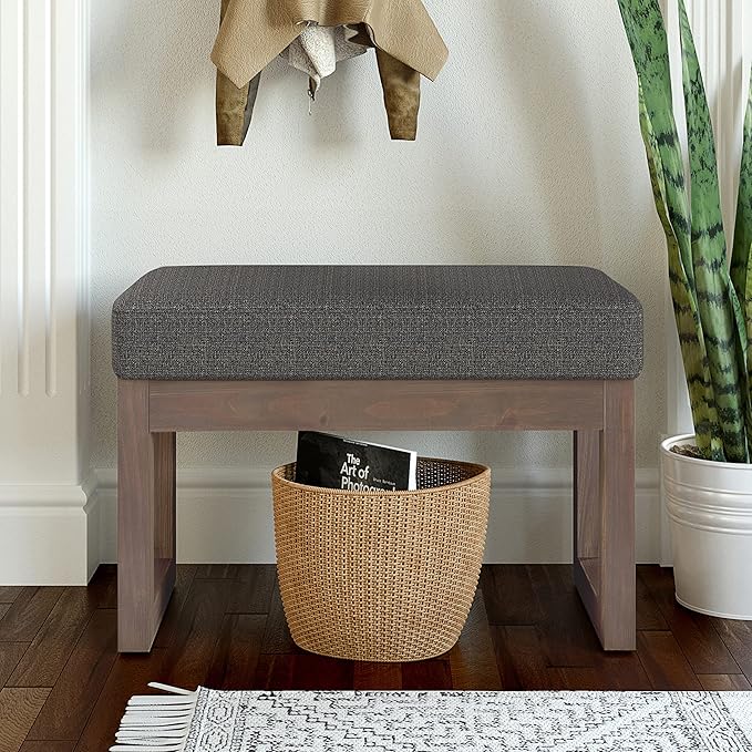 SIMPLIHOME Milltown Small Ottoman Bench - 27" Wide x 18" High Upholstered Tweed Look Fabric Rectangle Footstool Ottoman in Ebony, Contemporary Bench for Entryway with Cushioned Seat, Assembled