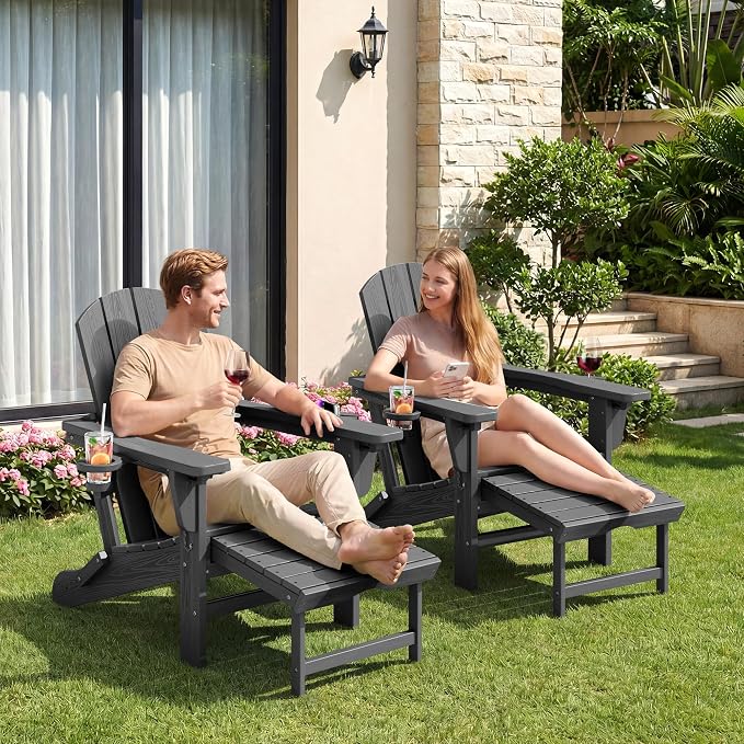 KINGYES Adjustable Folding Adirondack Chairs with Footrest & 2 Cup, HDPE Recliner Adirondack Chair with Ottoman, Grey