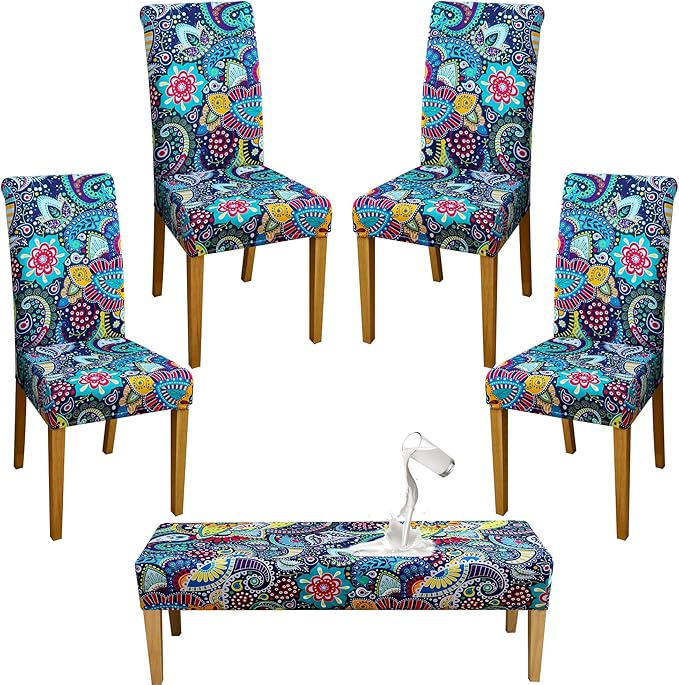 FORCHEER 4 Chair and Bench Covers for Dining Chairs Waterproof Boho Dining Room 4 Piece Kitchen Chair Slipcovers with Bench Seat Cover Set Washable