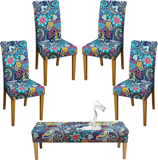 FORCHEER 4 Chair and Bench Covers for Dining Chairs Waterproof Boho Dining Room 4 Piece Kitchen Chair Slipcovers with Bench Seat Cover Set Washable