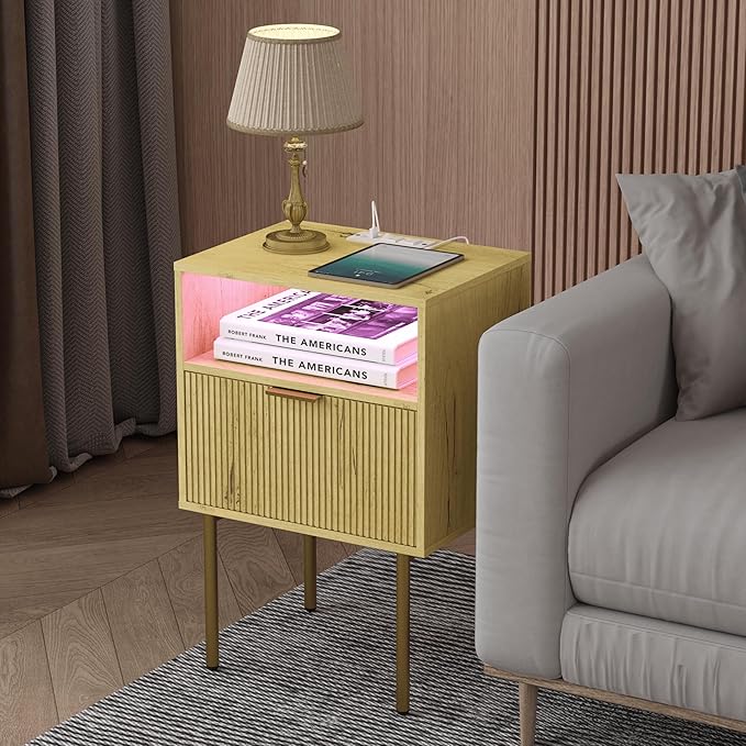 JOONEE Nightstand with Charging Station, Bedside Table with Storage Drawer, Fluted Side Table for Living Room, Bedroom