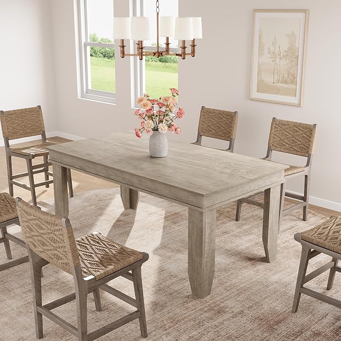 GarveeHome Farmhouse Dining Table for 4-6 People, 63 in Long Kitchen Tables with Wooden Sturdy Frame, 5 ft Large Rectangular Dinner Table for Dining Room, Kitchen, Grey, 63" Non-extendable