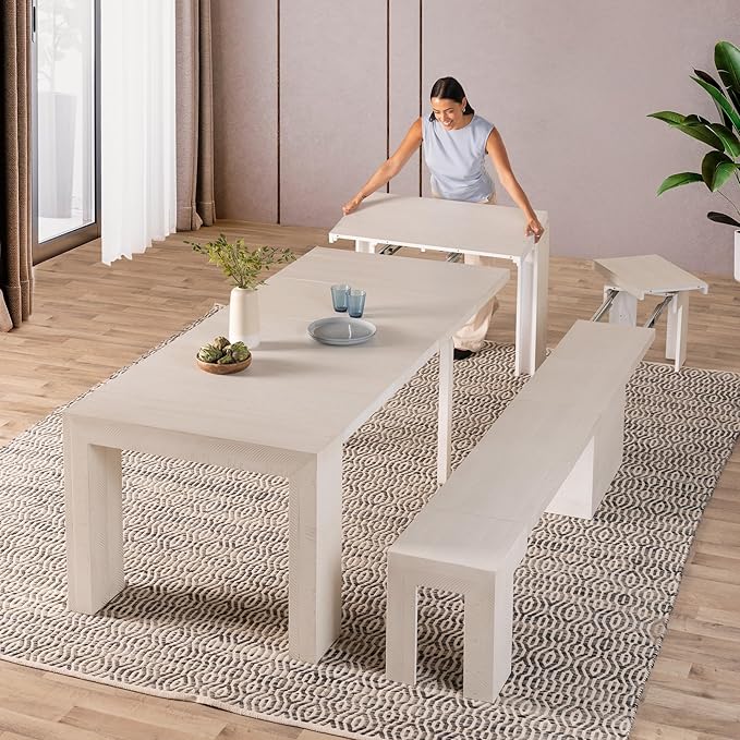 Transformer Table - Solid Wood Extendable Dining Table, Seats 2-12, Expandable Dining Room Table, Space-Saving Furniture, Kitchen and Dining Room Furniture (White, Table + Bench)