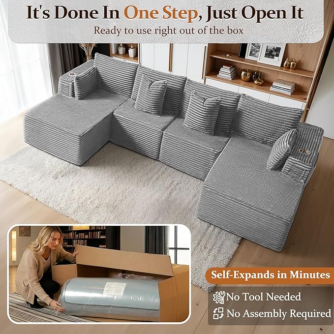 138" Cloud Sectional Couch, Comfort U Shaped Sofa for Living Room, Extra Deep Seats No Assembly, Minimalist Modular Couch, Corduroy (Light Grey, 6 Seats,U-Shape C)