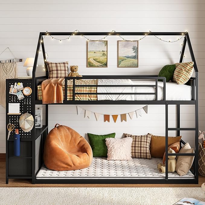 LIKIMIO Bunk Bed Twin Over Twin, House Bed Frame with 6 Storage Drawers,Hall Tree, Twin Bed with Metal Slats for Dormitory and Bedroom, Space Saving, No Box Spring Needed, Black