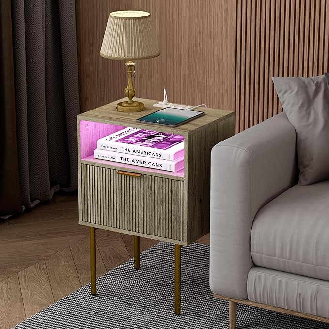 JOONEE Modern Nightstand with Charging Station and LED Lights, White Bedside Table with Drawer, Fluted Side Table for Living Room, Bedroom