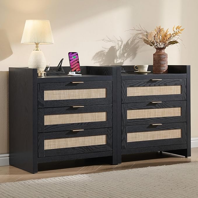 SICOTAS Nightstands Set of 2 Bedside Table - Larger Rattan Night Stand with Type-C Charging Station, 3 Drawers Storage - Boho Tall Night Stands End Table for Bedroom Office - Black Oak