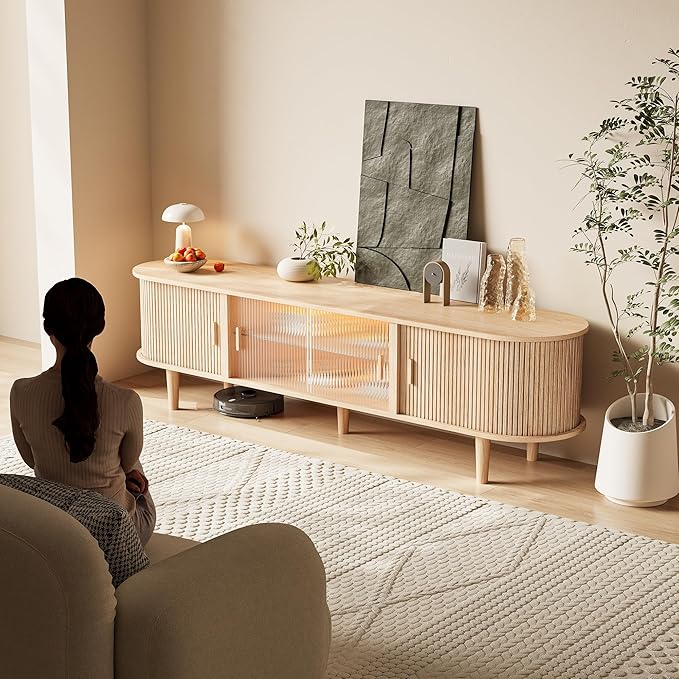 70" Fluted TV Stand with LED Lights for TVs up to 75 Inch, Mid Century Modern Entertainment Center with Sliding Doors & Glass Shelf, TV Console Table Media Console for Living Room, Natural Oak