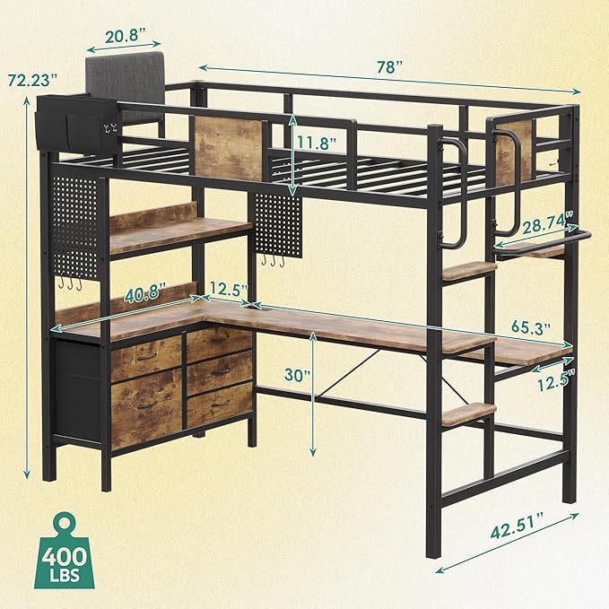 BYSAUD Twin Loft Bed with Desk and Storage, Metal Bunk Bed with 5 Drawers and 2 Pegboards, Heavy Duty Loft Bed Twin Size with LED Lights and Charging Station for Teens Adults, Noise Free, Brown