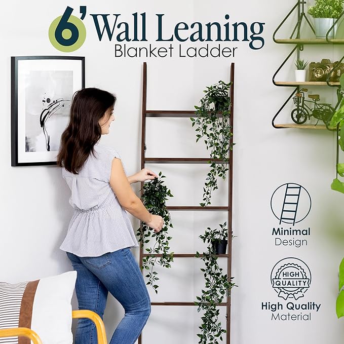 Blanket Ladder for Living Room and Bedroom, 5ft 8 inch, 6-Tier Wall Leaning Laminate Snag Free Construction (Rustic Hickory) Rustic Decorative Farmhouse Blanket Storage, Quilt Rack, Ladder Shelf
