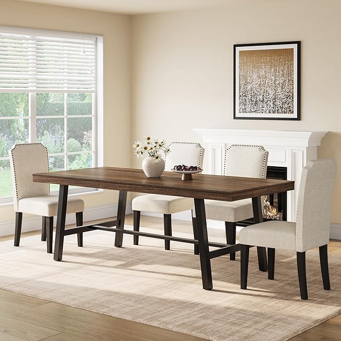 GarveeHome Industrial Dining Table for 6-8 People, 78.7" Long Large Kitchen Table with Sturdy Metal Frame, Rectangular Counter for Dinner, Kitchen, Dining Room (Brown, 79" Non-extendable)