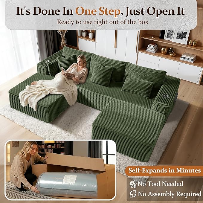 Oversized 108" Cloud Sectional Couch, Comfort U Shaped Boneless Couch for Living Room, Extra Deep Seats No Assembly, Modular Sofa, Corduroy (Olive Green, 2 Seater+Right Facing Chaise+Ottoman)
