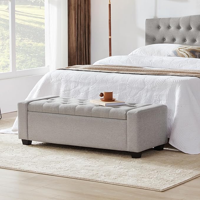 Huatean Home 48" Ottoman with Storage, Storage Ottoman Bench with Safety Hinge, Upholstered Entryway Bench with Seating for Bedroom, Living Room, Holds up to 330 lb(Light Gray)