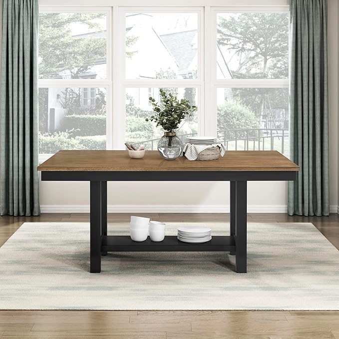 Lexicon 65" Modern Rectangle Dining Table for 6 - Solid Wood Frame, Acacia Veneer Rectangular Kitchen Table with Storage Shelf, Kitchen/Dining Room, Assembly Required, Brown Top and Black Wood Base
