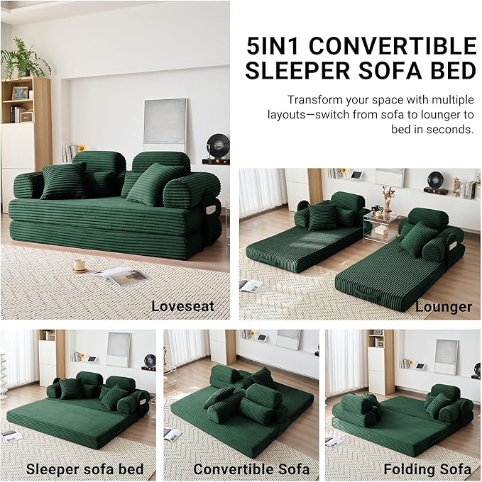 78.8" Convertible Sofa Bed with High Backrest Headrest, 5-in-1 Corduroy Boneless Couch with Side Pocket, Sleeper Loveseat Couch Bed Sectional Couches for Living Room, No Assembly, Green