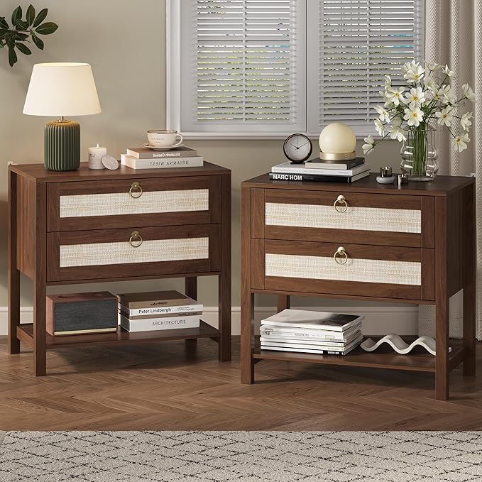 Xixini Nightstand Set of 2, Rattan Boho Bedside Table with 2 Drawers, Open Shelf & Brass Knobs, Small Mid Century Modern Night Stand, Wooden End Side Table for Bedroom, Living Room, Closet, Walnut