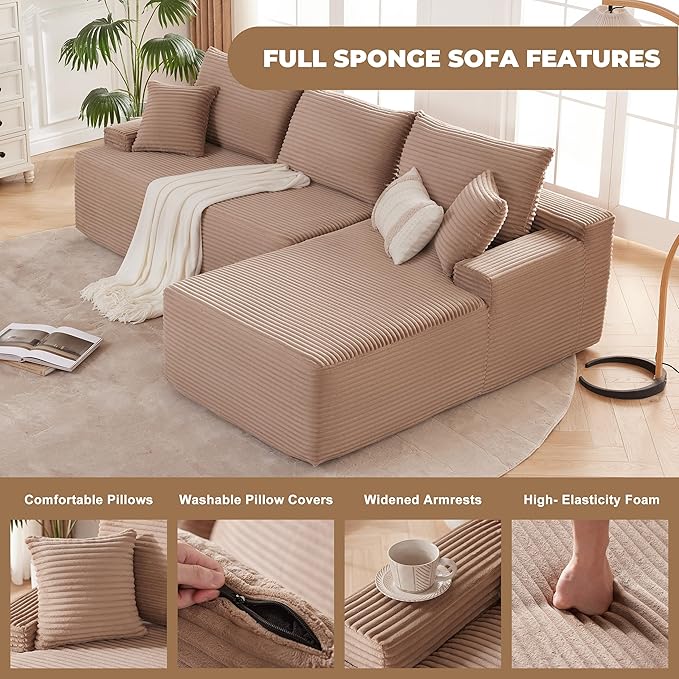 Mangodan Cloud Sectional Sofa, Boneless Couch for Living Room, Modular Sectional Sofa with Deep Seat, Fluffy L-Shaped Comfy Couch with Right-Facing Chaise, No Assembly Required, Camel