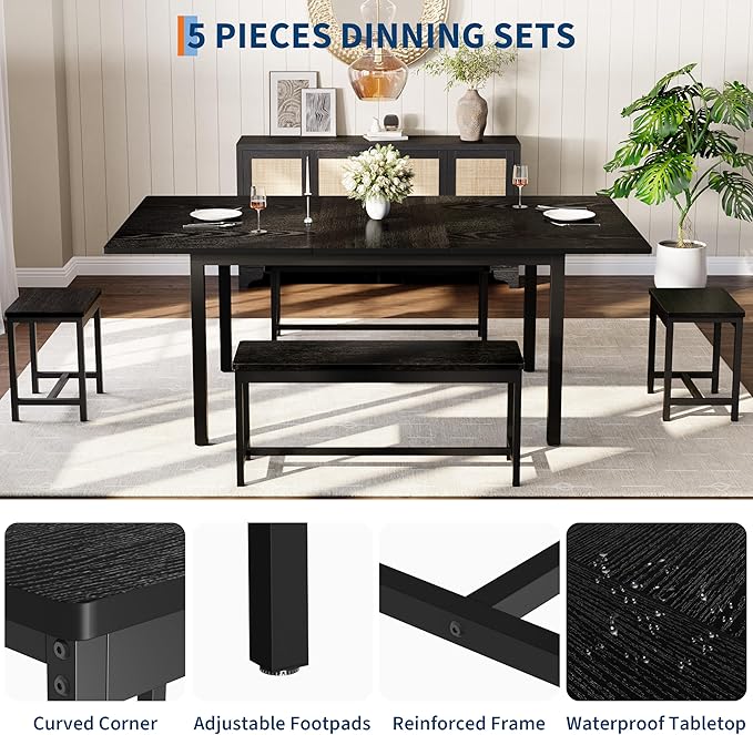 Garvee 5 PCs Extendable Dining Table Set for 4-8 People, 63 in Kitchen Table with 2 Benches & 2 Stools, Modern Dining Room Furniture, Easy Assembly Metal Frame