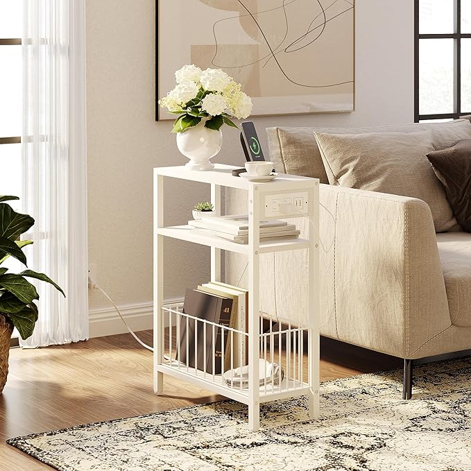 TRIFEBLE Narrow Side Table with Charging Station, Small End Table for Small Spaces, Slim Nightstand with Storage Basket, 3 Tier Skinny Bedside Table for Living Room, Bedroom, White