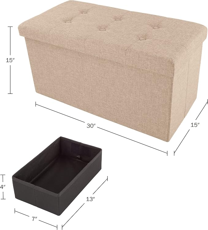 Lavish Home Folding Storage Ottoman - 30-Inch Tufted Footrest, Linen Chest, or Bench with Removable Bin for Living Room, Bedroom, or Dorm (Beige)