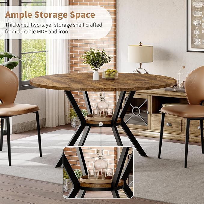 MECHYIN Round Dining Table for 2-4, 42 Inch Wood Kitchen & Dining Room Tables with Storage, Circle Dinner Table with Metal Legs, Space Saving Small Table for Dining Room, Kitchen, Rustic Brown