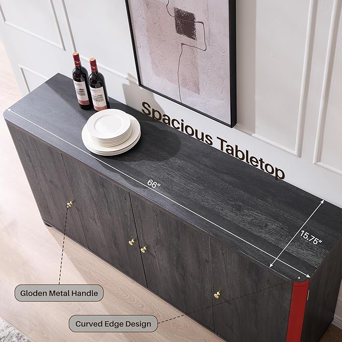 Curved Buffet Cabinet with Doors, 66" Large Sideboard Buffet Storage Cabinet with 4 Doors and Shleves, Modern Coffee Bar Station Wood Kitchen Table for Kitchen, Dining Room, Dark Grey