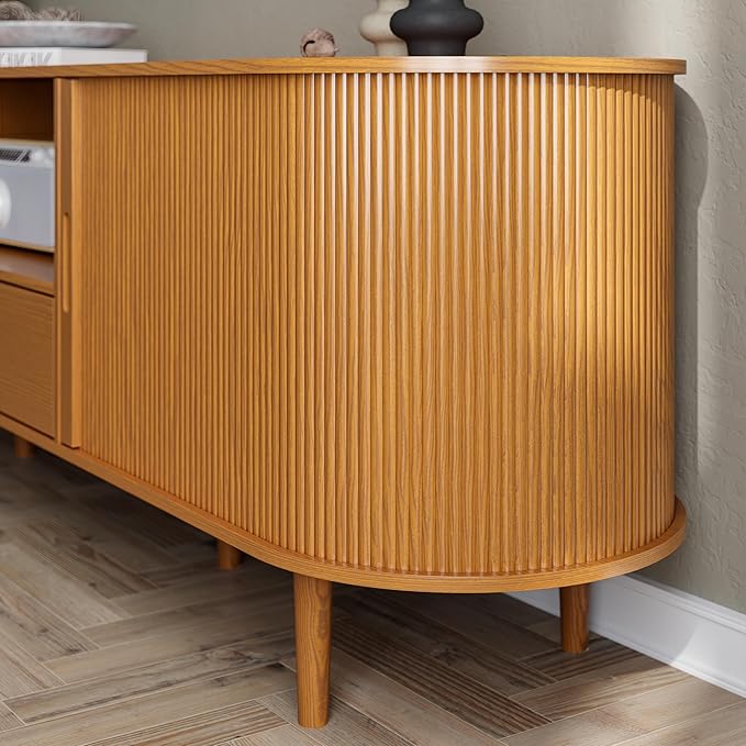 DHH 71" Fluted TV Stand with Power Outlet for TVs up to 80",TV Console with Adjustable Shelves and Sliding Door,Mid Century Modern Entertainment Center for Living Room,Bedroom (Yellow Walnut, 71Inch)