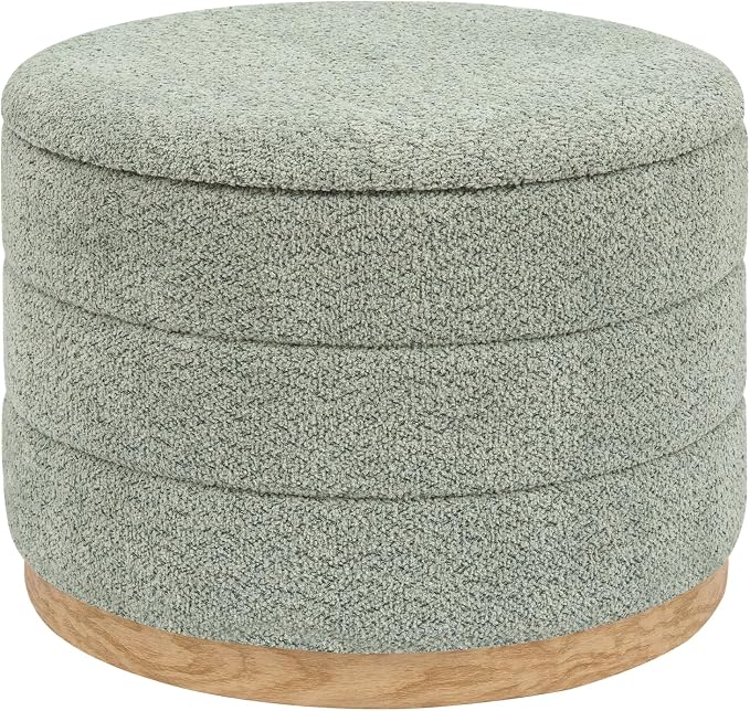 Round Storage Ottoman with Tray Lid, Folding Chenille Fabric Footrest with Hidden Storage, 22.8" Large Footstool Side Table for Dorm Living Room Bedroom, Wood Grain Base, Sage Green
