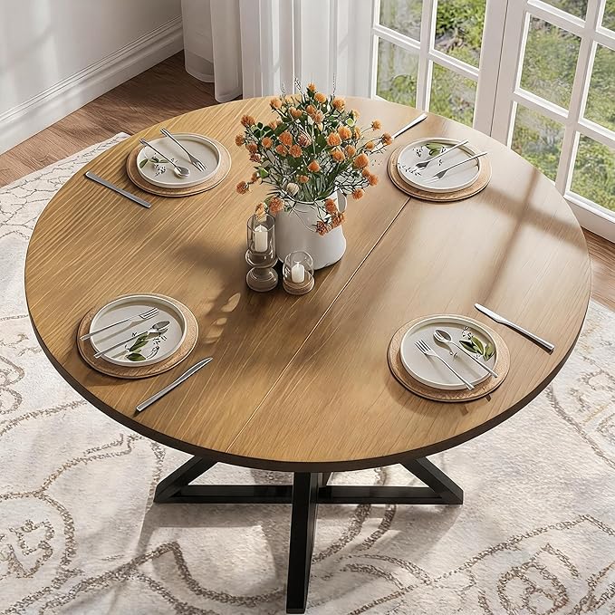 GarveeHome 47 Inch Round Dining Table for 4, Circle Kitchen Table with Pedestal Base, Farmhouse Wooden Dining Table for Small Spaces, Kitchen & Dining Room, Living Room（Brown/Only Table）