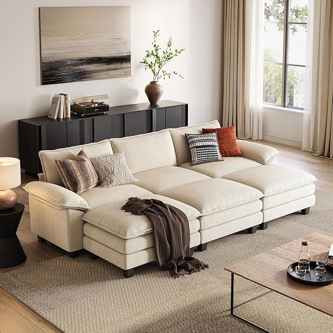 LINSY HOME 123" Modular Sectional Sofa, 3-Seat Corduroy Modern Cloud Couch with Deep Seat & 3 Movable Ottoman, Perfect for Living Room, Office, Bedroom, Beige