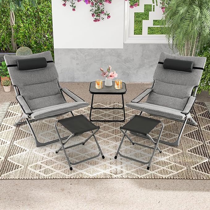 Giantex 5-Piece Patio Bistro Set, Folding Lounge Chairs with Footrest Stool & Side Table, Removable Cushion, Headrest, Armrest, Outdoor Conversation Furniture for Porch Balcony Yard Pool