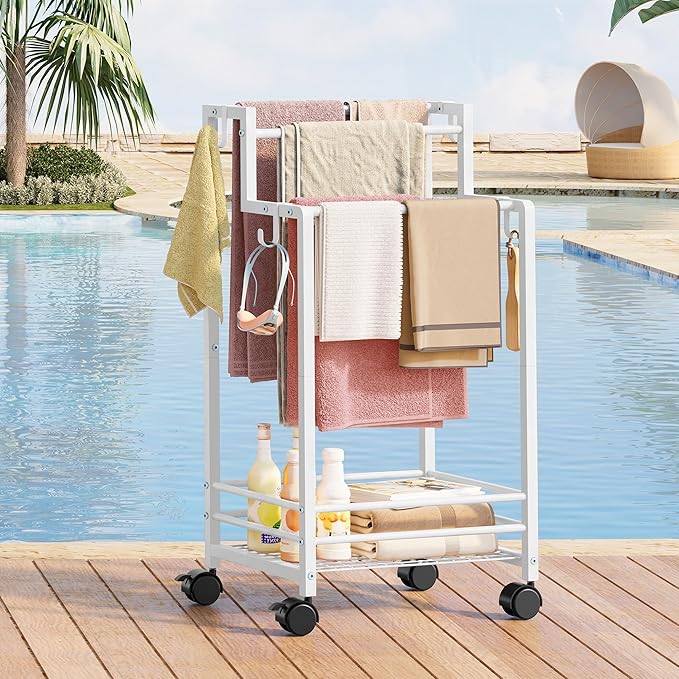 Gewudraw Free Standing Towel Rack, Pool Towel Rack, 4-Tier Blanket Stand with Shelf, Bathroom Towel Drying Rack with 4 Hooks, Rust-Resistant Drying Rack Indoor/Outdoor, White