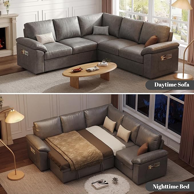 85 Inch Faux Leather Modular Sectional Sofa with Pull Out Bed, L Shaped 5 Seat Sectional Sleeper Sofa with Storage, Sectional Couches for Living Room, Cloud Modular Couch,Gray Leather