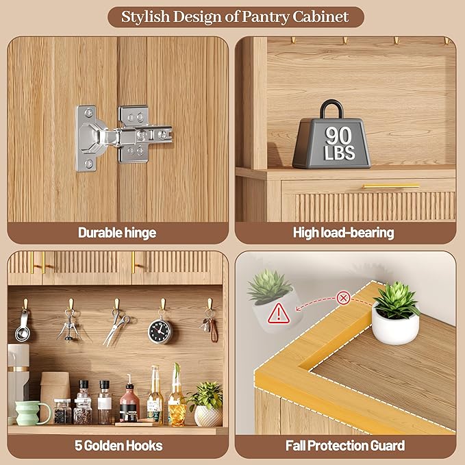 Fluted Kitchen Pantry Storage Cabinet with Charging Station, Coffee Bar Cabinet with Drawer & Adjustble Shelves, Tall Kitchen Hutch Cabinet with Microwave Stand, for Dining Room, Natural Oak