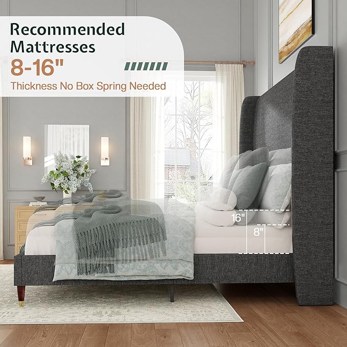 Jocisland King Size Bed Frame 51.2" Wingback Headboard Linen Upholstered Platform Bed,Solid Wood Legs & Wooden Slats,No Box Spring Needed,Noise-Free,for Family Master Suite Cozy Home,Dark Grey