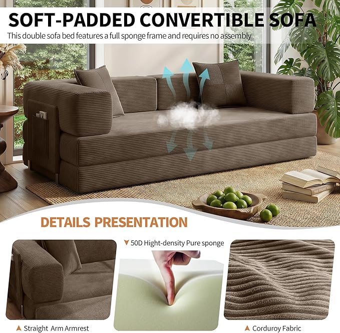 78.8" Convertible Sofa Bed with Armrest Pillow, 4-in-1 Sleeper Couch Bed for Livingroom, Modular Corduroy Boneless couches, No Assembly (Brown)
