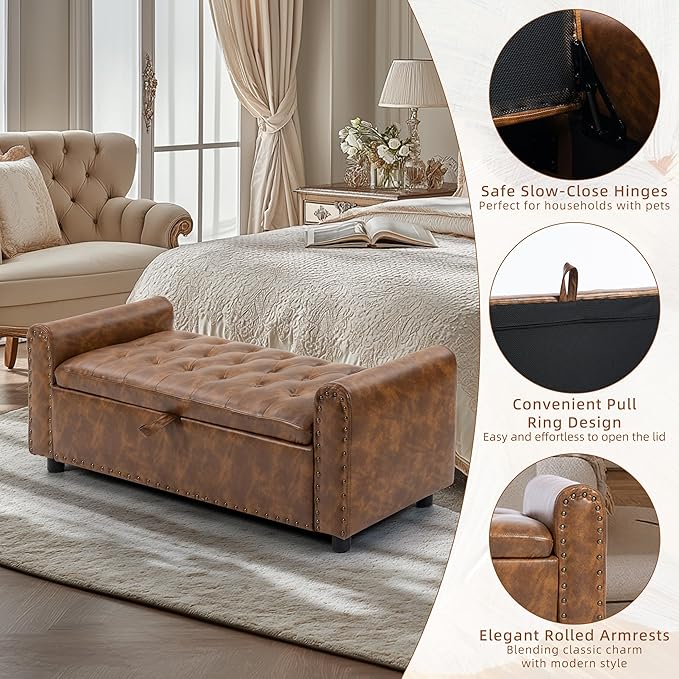48" Ottoman with Storage, Tufted Storage Ottoman Bench, Convenient Living Room Fabrics Bench Seat, Entryway Shoe Benches with Inner Zipper & Arm, Upholstered Window Seat Ottomans with Rivets, Brown