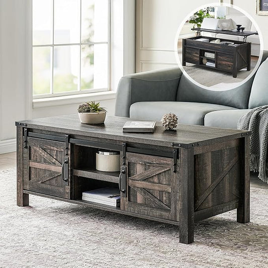 OKD 48" Farmhouse Lift Top Coffee Table with Sliding Barn Door,Rustic Center Table with Hidden Storage Compartment,Lifting Tabletop and Adjustable Shelf for Living Room,Office,Dark Rustic Oak