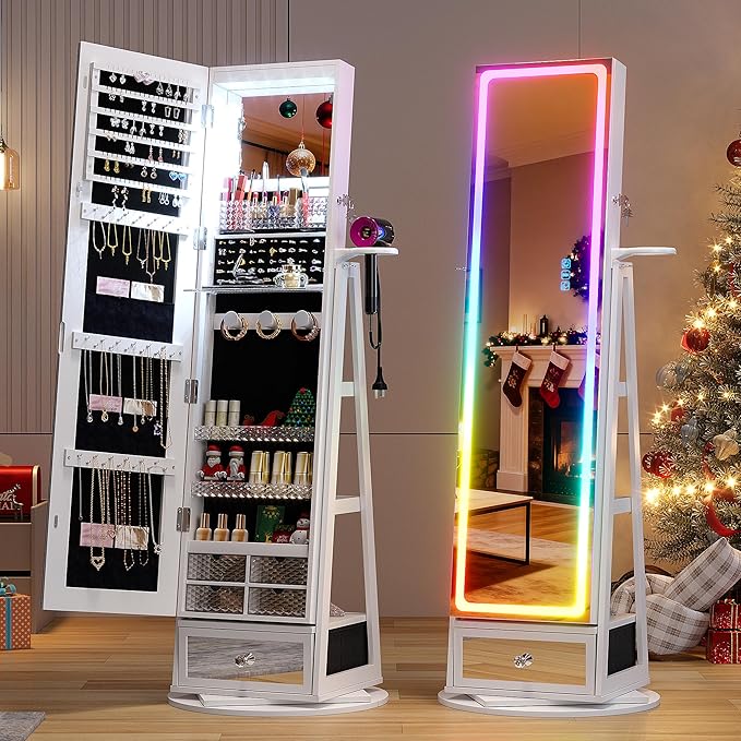 HWB Jewelry Storage Cabinet with LED Full-Length Mirror, 360° Swivel Standing Jewelry Organizers with Shelves & Drawer Storage, Jewelry Armoire with Remote Control Lights, White