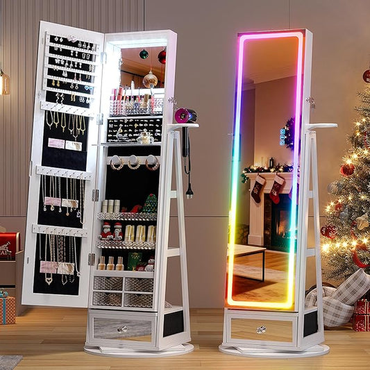HWB Jewelry Storage Cabinet with LED Full-Length Mirror, 360° Swivel Standing Jewelry Organizers with Shelves & Drawer Storage, Jewelry Armoire with Remote Control Lights, White