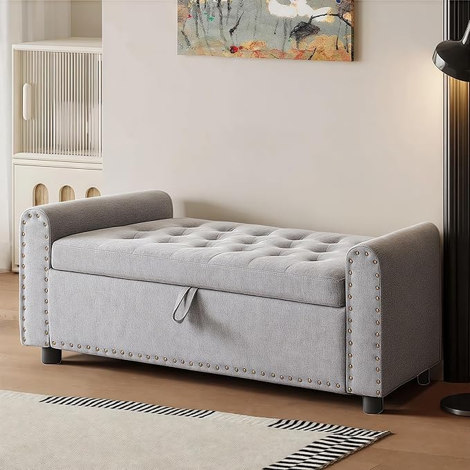 48" Ottoman with Storage, Tufted Storage Ottoman Bench, Convenient Living Room Fabrics Bench Seat, Entryway Shoe Benches with Inner Zipper&Arm, Upholstered Window Seat Ottomans with Rivets, Light Grey