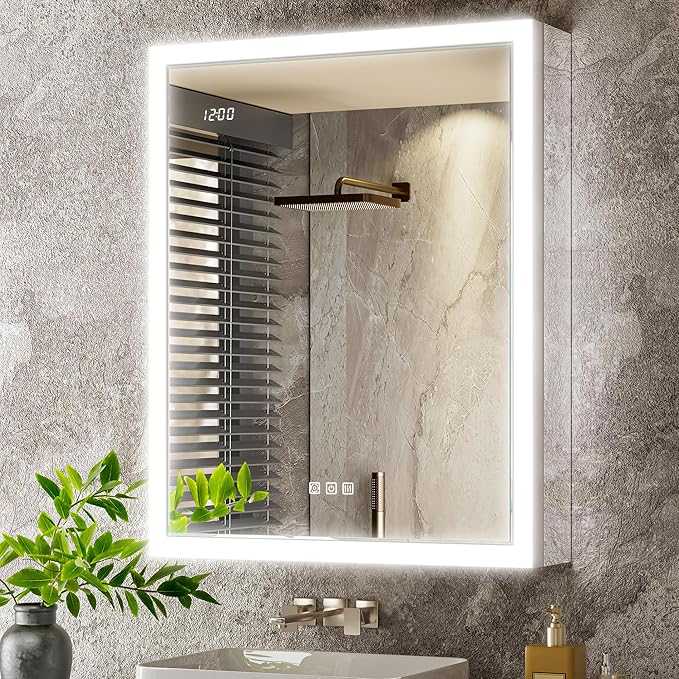 Lighted Medicine Cabinet with Mirror & Clock -24x30 Surface or Recessed Aluminum Medicine Cabinet with Dimmable Light & Outlet, Anti-Fog, Built-in Sensing Light, Assembly-Free