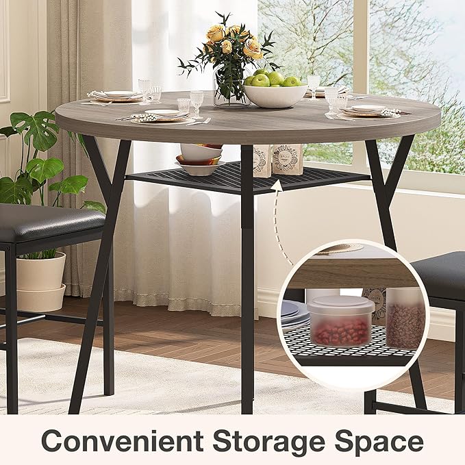 Pamapic Round Dining Table Set for 4, Kitchen Table and Chairs for 4, Dining Room Circle Dinner Pedestal Table, Solid Metal Frame, Space Saving Wood Small Kitchen & Dining Room Furniture, Gray